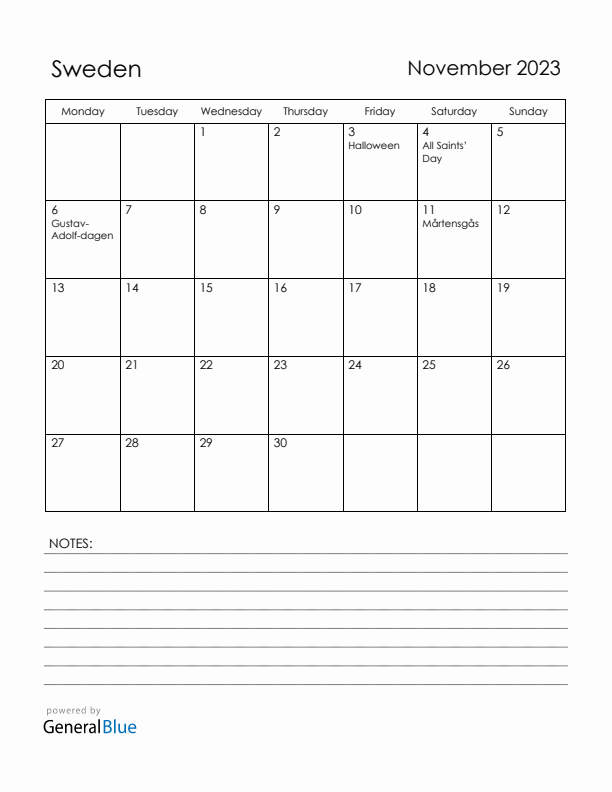 November 2023 Sweden Calendar with Holidays (Monday Start)