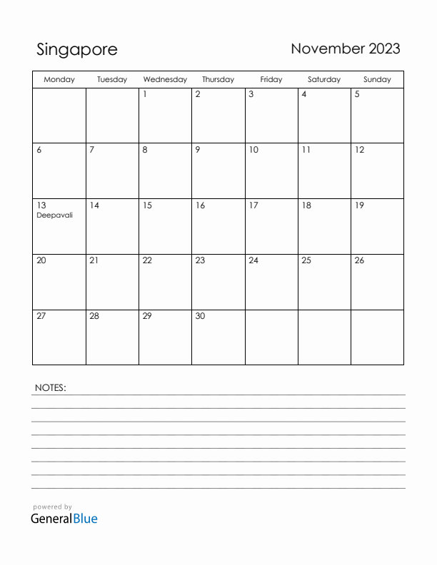 November 2023 Singapore Calendar with Holidays (Monday Start)