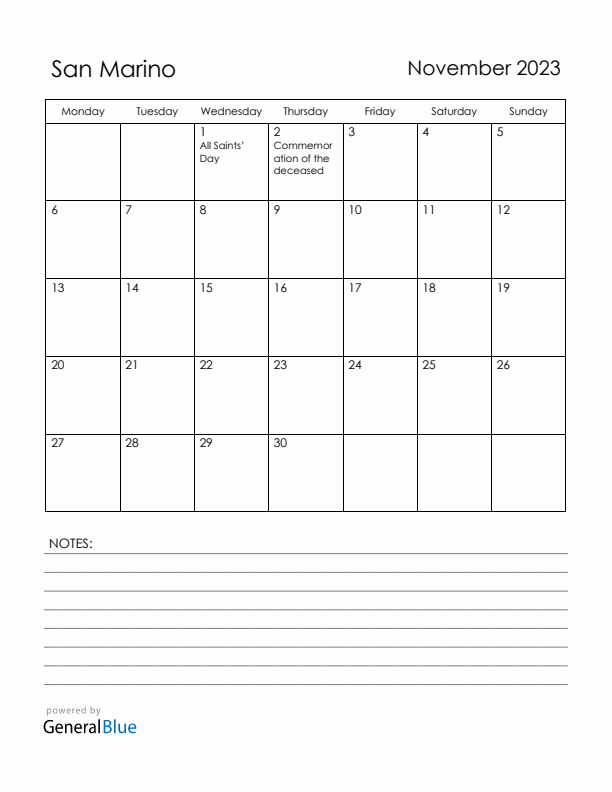 November 2023 San Marino Calendar with Holidays (Monday Start)