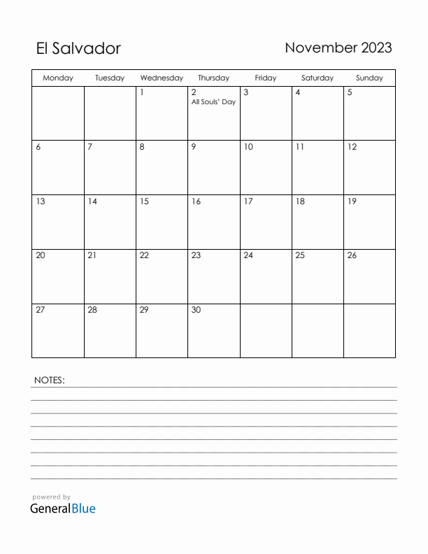 November 2023 El Salvador Calendar with Holidays (Monday Start)