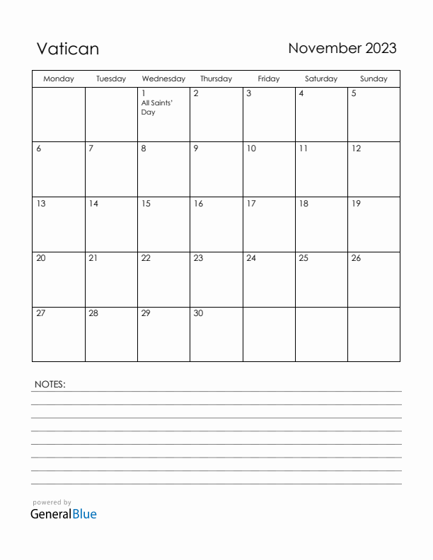 November 2023 Vatican Calendar with Holidays (Monday Start)