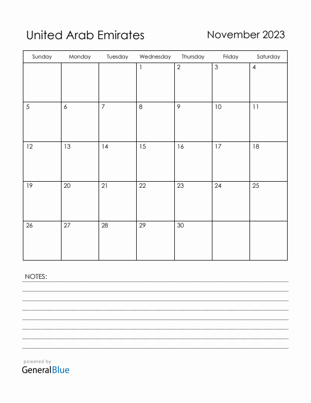 November 2023 United Arab Emirates Calendar with Holidays (Sunday Start)