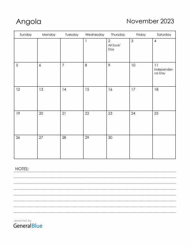 November 2023 Angola Calendar with Holidays (Sunday Start)