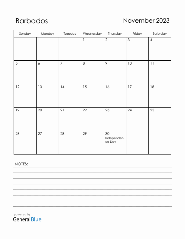 November 2023 Barbados Calendar with Holidays (Sunday Start)