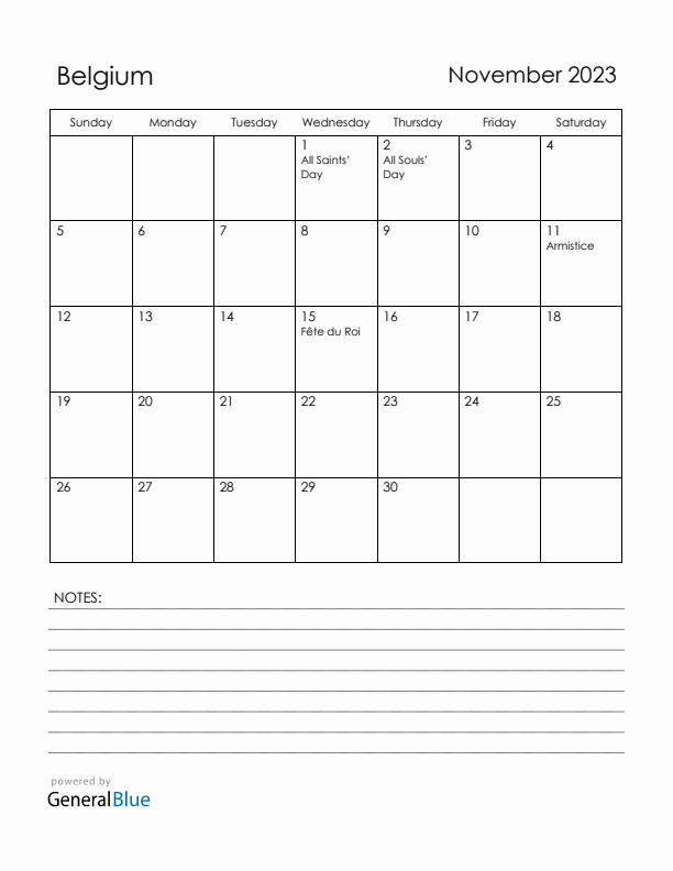 November 2023 Belgium Calendar with Holidays (Sunday Start)