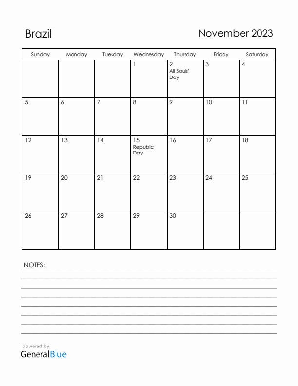 November 2023 Brazil Calendar with Holidays (Sunday Start)
