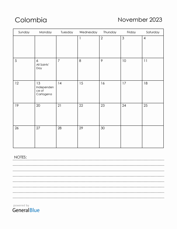 November 2023 Colombia Calendar with Holidays (Sunday Start)