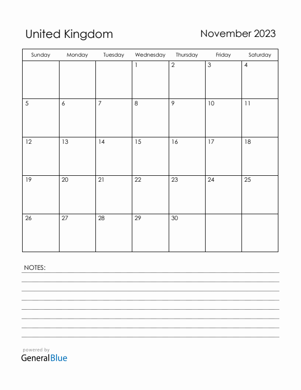 November 2023 United Kingdom Calendar with Holidays (Sunday Start)