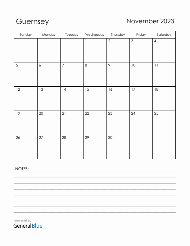 November 2023 Guernsey Calendar with Holidays (Sunday Start)