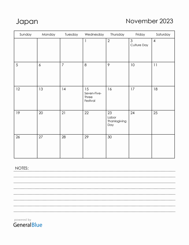 November 2023 Japan Calendar with Holidays (Sunday Start)