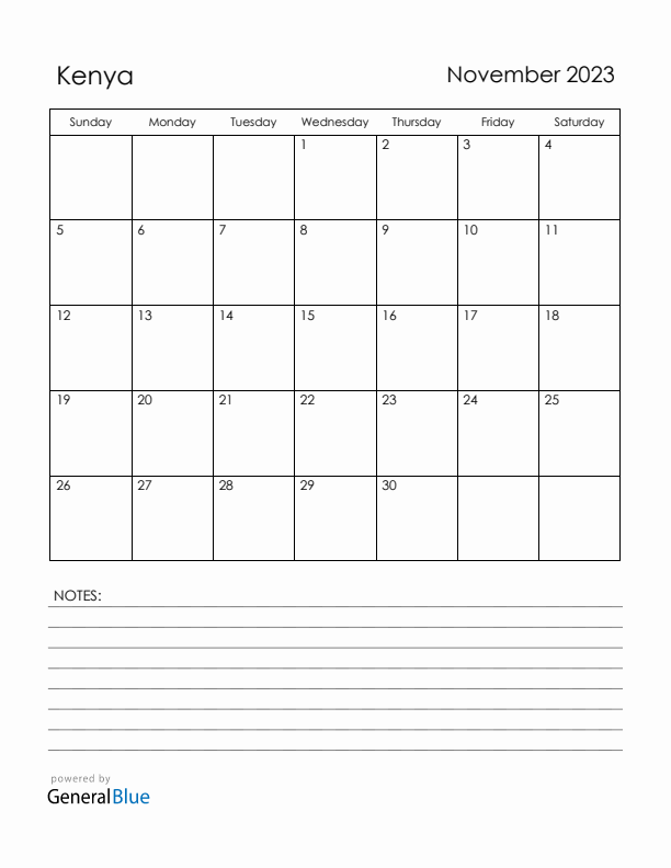 November 2023 Kenya Calendar with Holidays (Sunday Start)