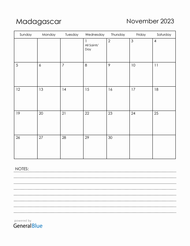 November 2023 Madagascar Calendar with Holidays (Sunday Start)