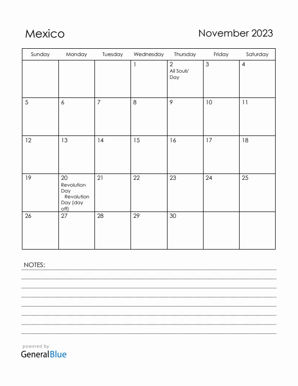 November 2023 Mexico Calendar with Holidays (Sunday Start)