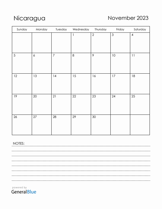 November 2023 Nicaragua Calendar with Holidays (Sunday Start)