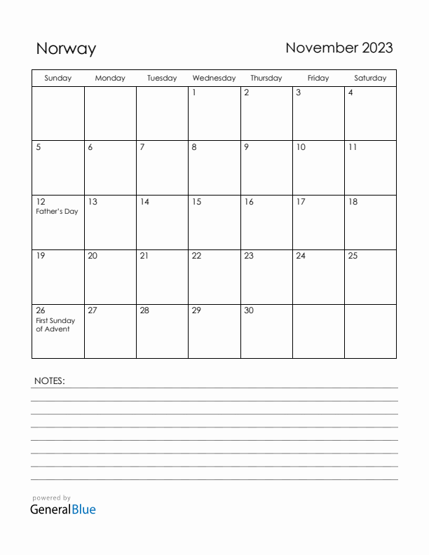 November 2023 Norway Calendar with Holidays (Sunday Start)