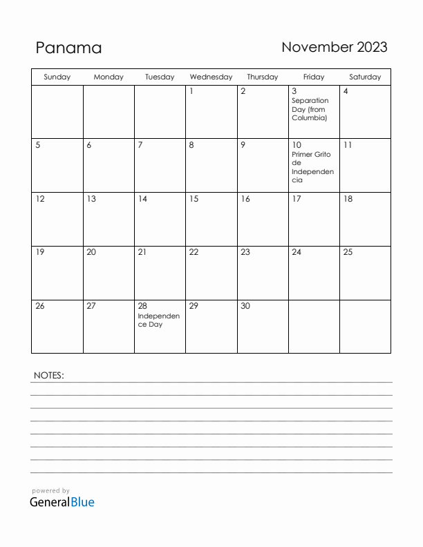 November 2023 Panama Calendar with Holidays (Sunday Start)