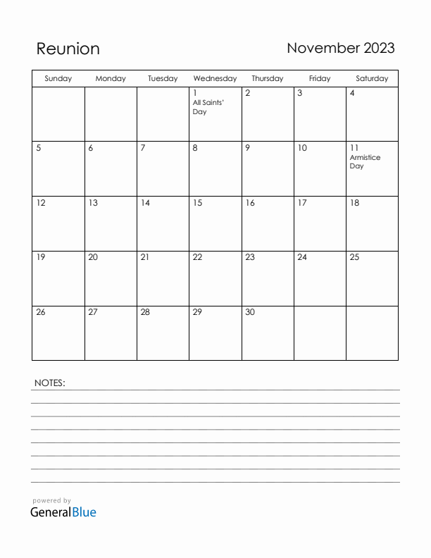 November 2023 Reunion Calendar with Holidays (Sunday Start)