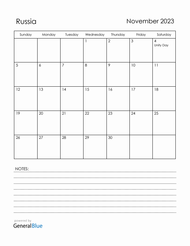November 2023 Russia Calendar with Holidays (Sunday Start)