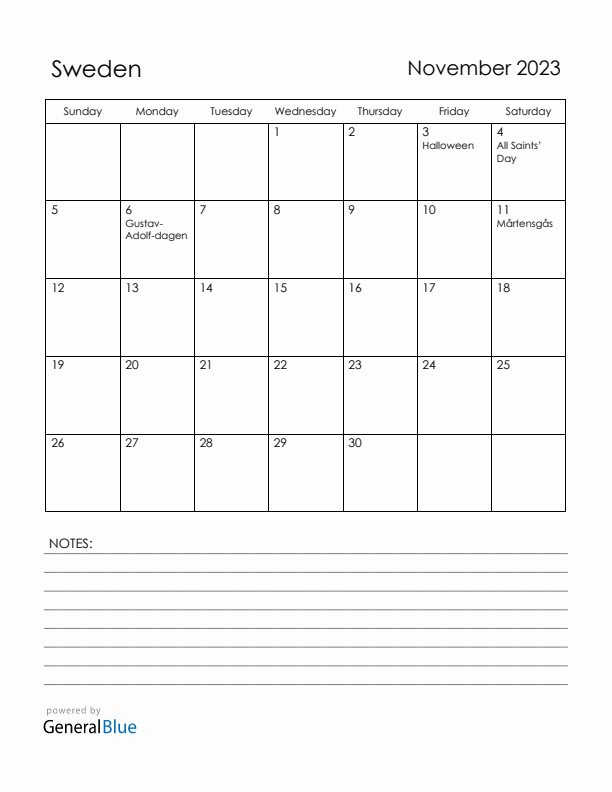 November 2023 Sweden Calendar with Holidays (Sunday Start)