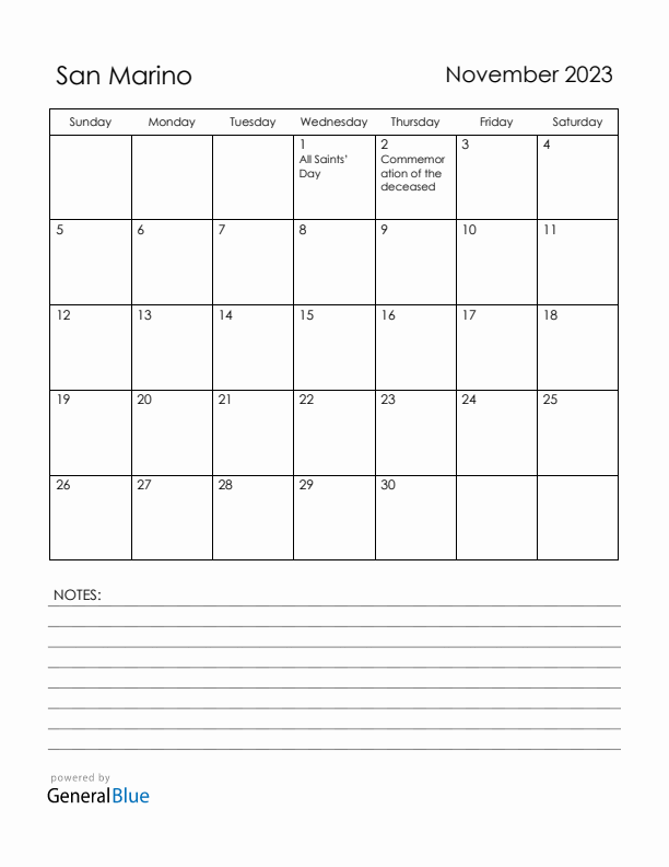 November 2023 San Marino Calendar with Holidays (Sunday Start)