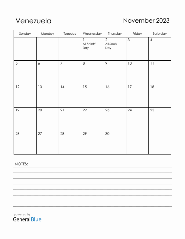 November 2023 Venezuela Calendar with Holidays (Sunday Start)