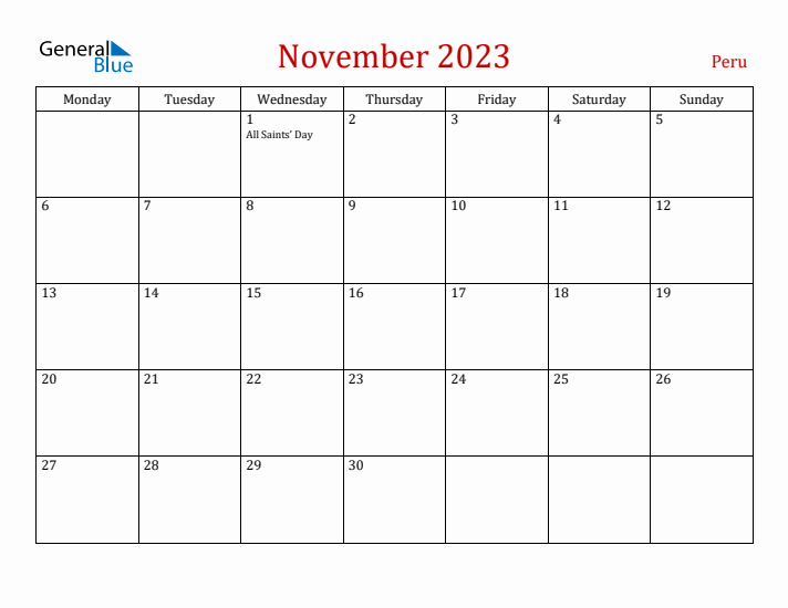 Peru November 2023 Calendar - Monday Start