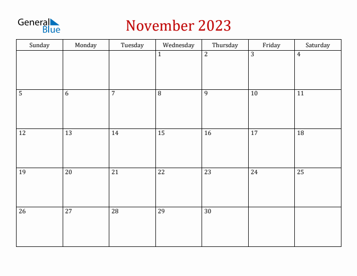 Blank November 2023 Calendar with Sunday Start