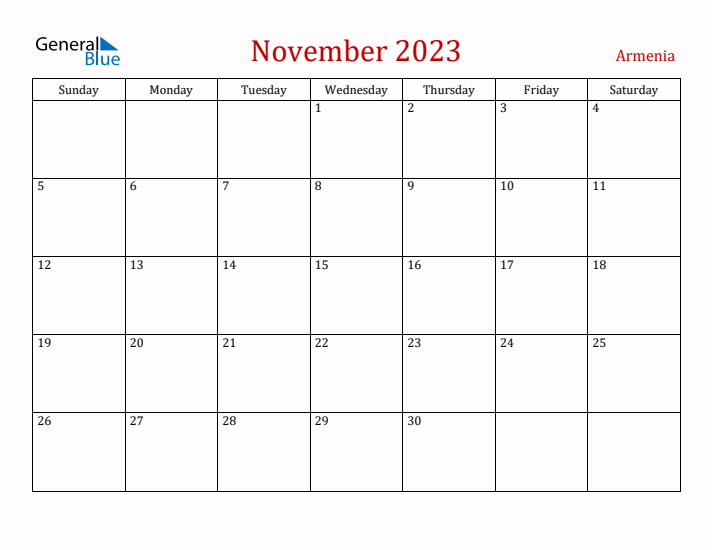 Armenia November 2023 Calendar - Sunday Start