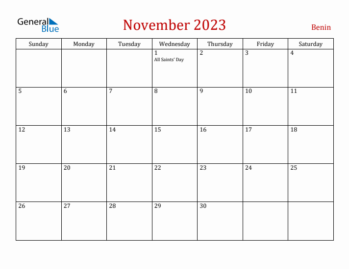 Benin November 2023 Calendar - Sunday Start