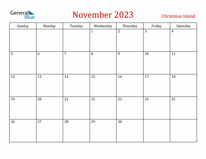 Christmas Island November 2023 Calendar - Sunday Start