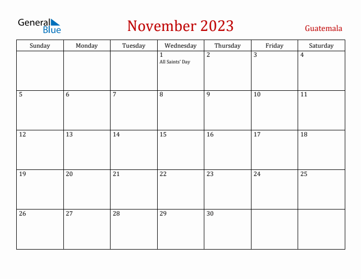 Guatemala November 2023 Calendar - Sunday Start