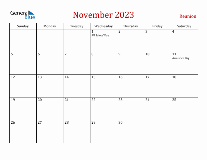 Reunion November 2023 Calendar - Sunday Start