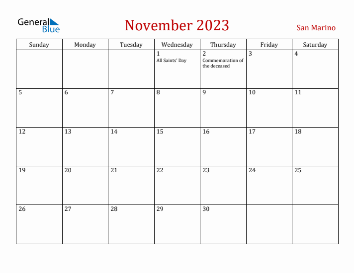 San Marino November 2023 Calendar - Sunday Start