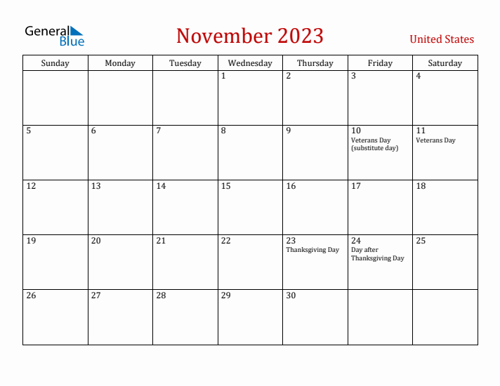 United States November 2023 Calendar - Sunday Start