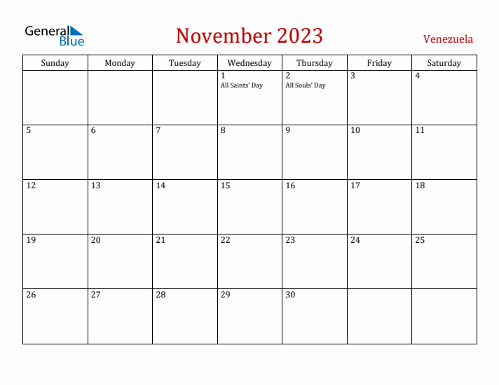 Venezuela November 2023 Calendar - Sunday Start