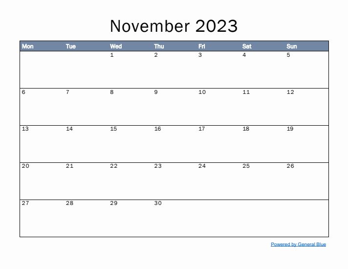 November 2023 Simple Month Calendar Template