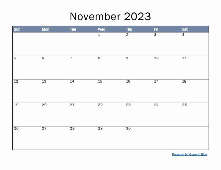 November 2023 Simple Month Calendar Template