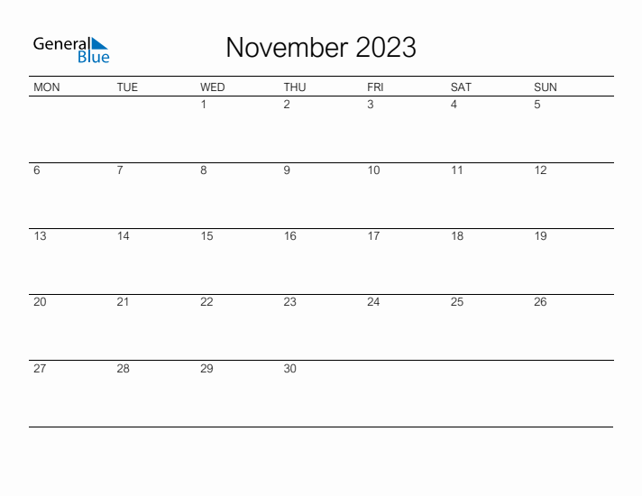 Printable November 2023 Calendar - Monday Start