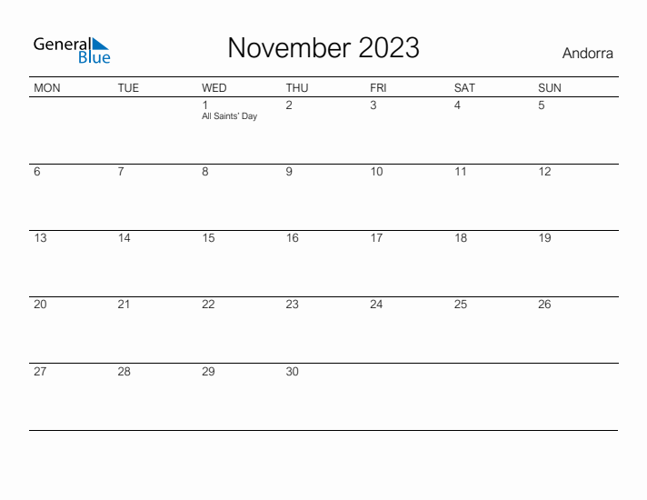 Printable November 2023 Calendar for Andorra