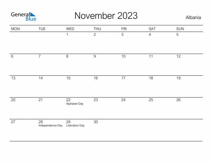 Printable November 2023 Calendar for Albania