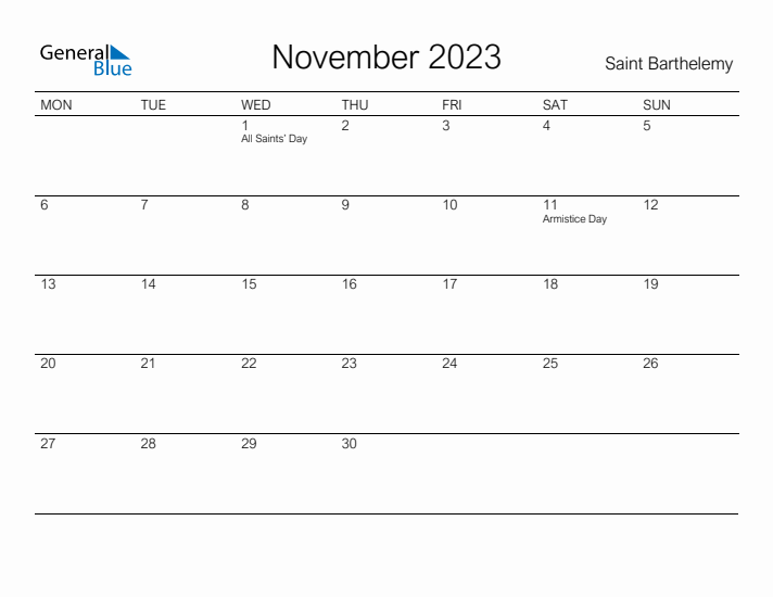 Printable November 2023 Calendar for Saint Barthelemy