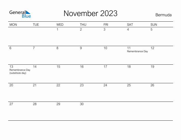 Printable November 2023 Calendar for Bermuda