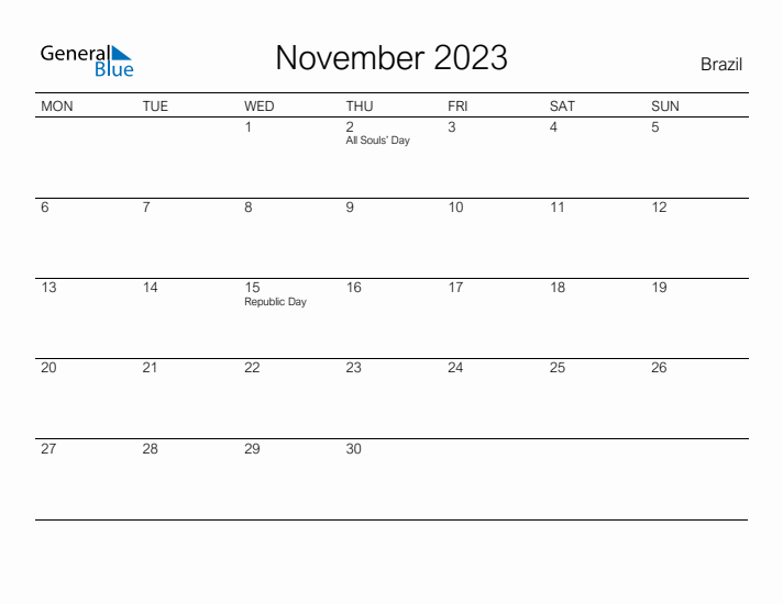 Printable November 2023 Calendar for Brazil