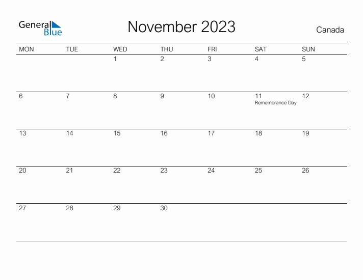 Printable November 2023 Calendar for Canada