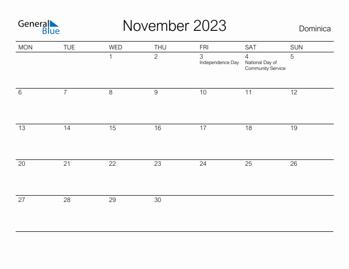 Printable November 2023 Calendar for Dominica