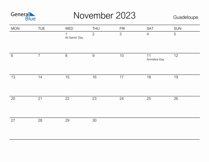 Printable November 2023 Calendar for Guadeloupe