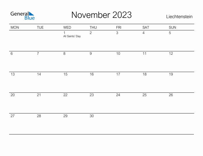 Printable November 2023 Calendar for Liechtenstein