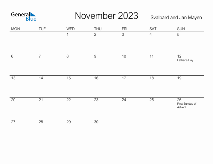 Printable November 2023 Calendar for Svalbard and Jan Mayen