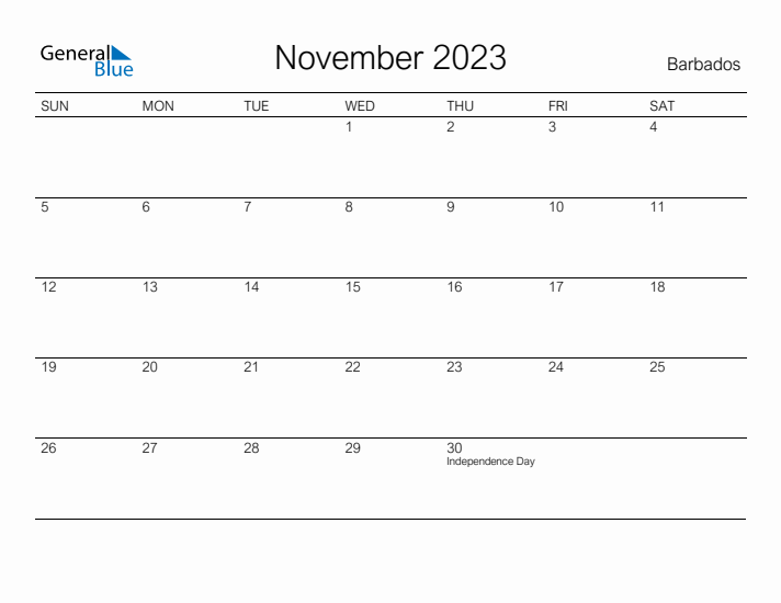 Printable November 2023 Calendar for Barbados