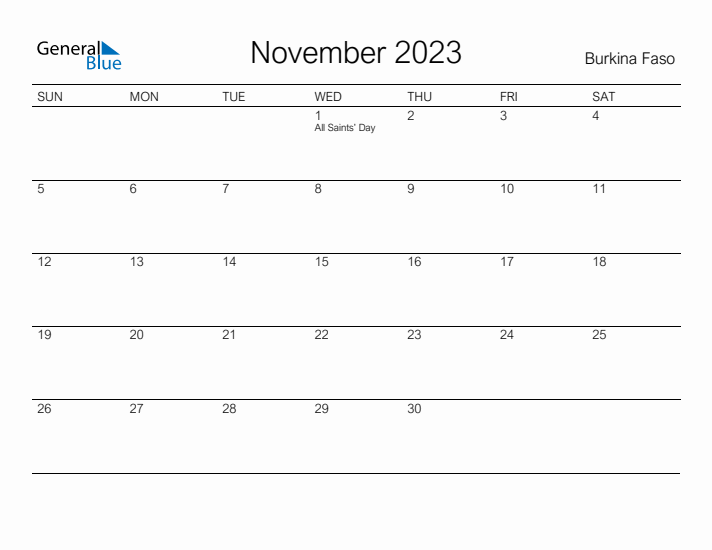 Printable November 2023 Calendar for Burkina Faso